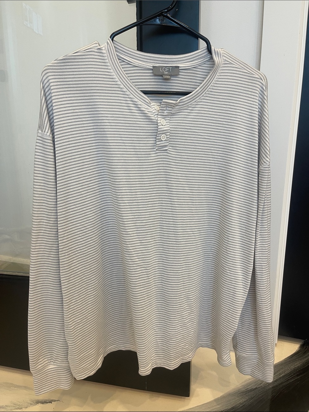 LOFT Women’s Light Gray and White Striped Henley Long Sleeve